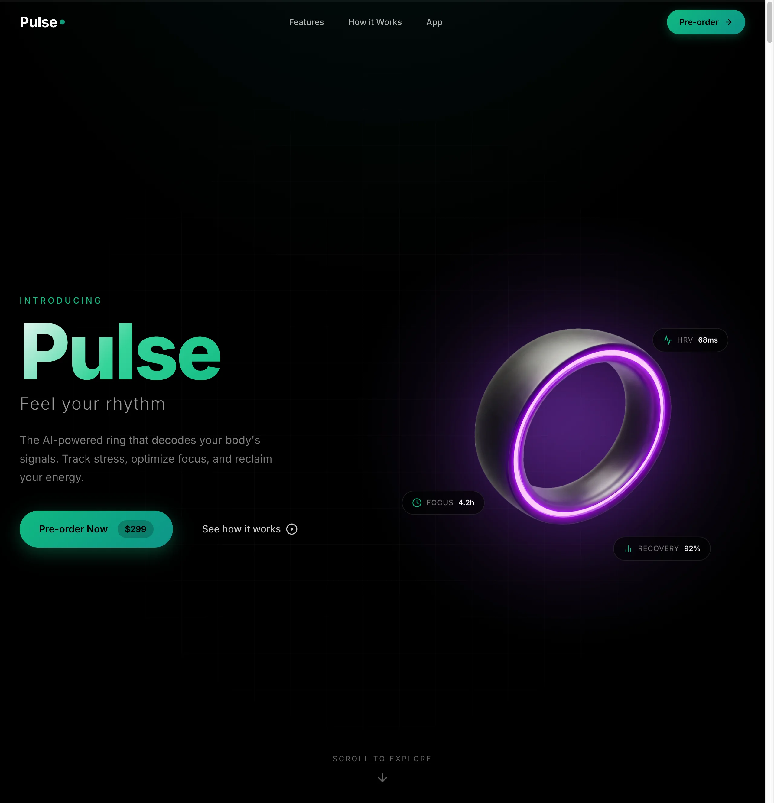 Pulse smart ring product landing page